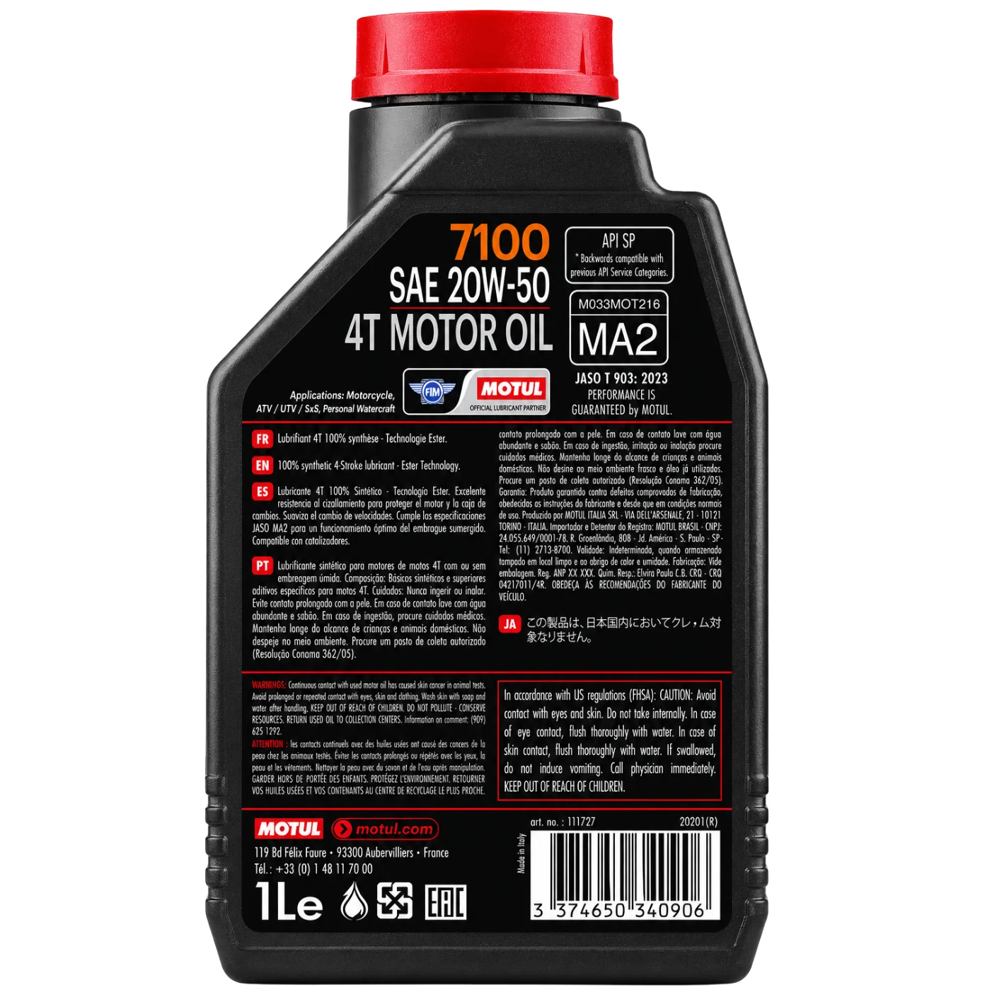 Aceite Motul 7100 4T 20W-50 100% Sintético para Motocicleta | 1 Litro - Imagen 2
