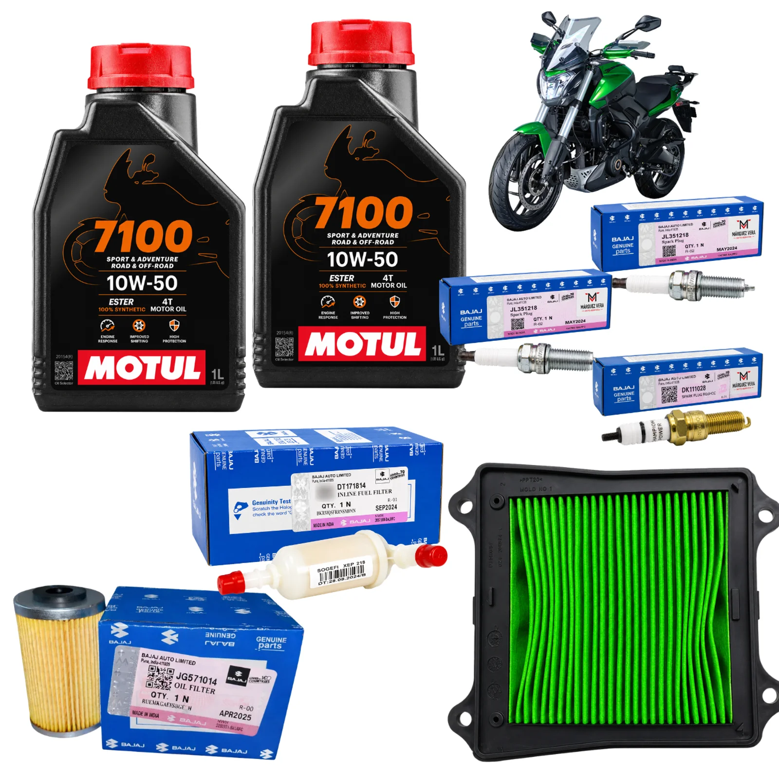 Kit de Afinación Original Bajaj Pulsar Dominar 400 | Filtro de Aire, Filtro de Aceite, Filtro de gasolina, Bujias, Aceite Motul 7100 10W50