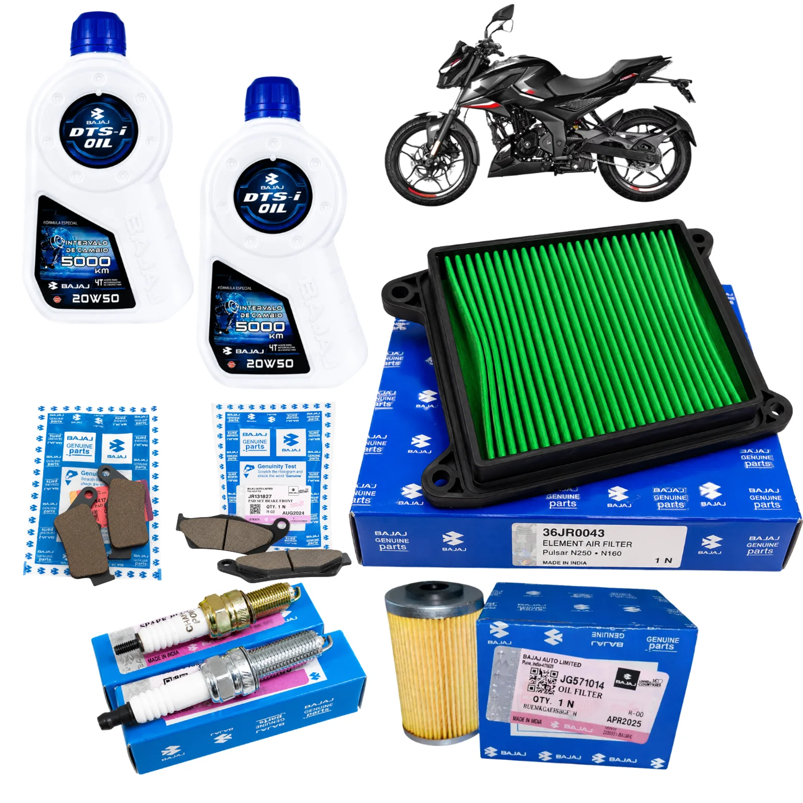 Kit de Afinación Original Bajaj Pulsar N250 | N160 Filtro de Aire, Filtro de Aceite, Balatas, Bujías y Aceite Bajaj 20W50