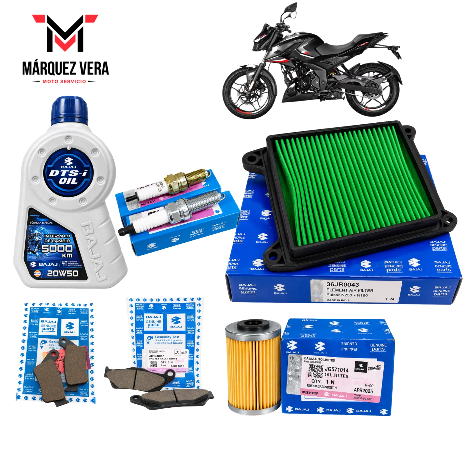 Kit de Afinación Original Bajaj Pulsar N250 | N160 Filtro de Aire, Filtro de Aceite, Bujías y Aceite Bajaj 20W50
