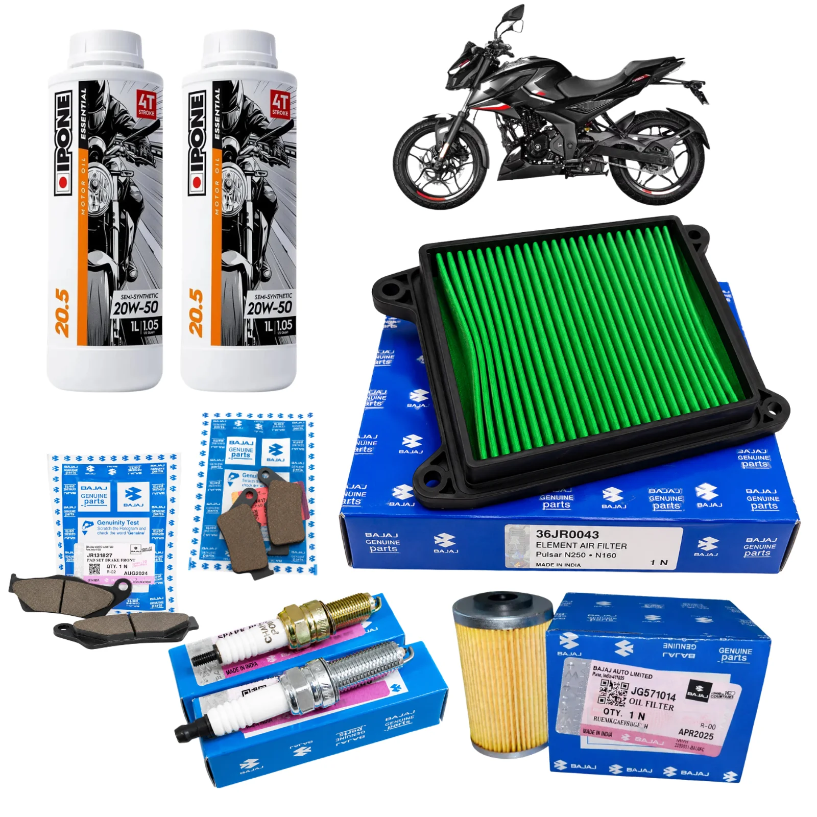 Kit de Afinación Original Bajaj Pulsar N250 | N160 Filtro de Aire, Filtro de Aceite, Balatas, Bujías y Aceite Ipone 20W50
