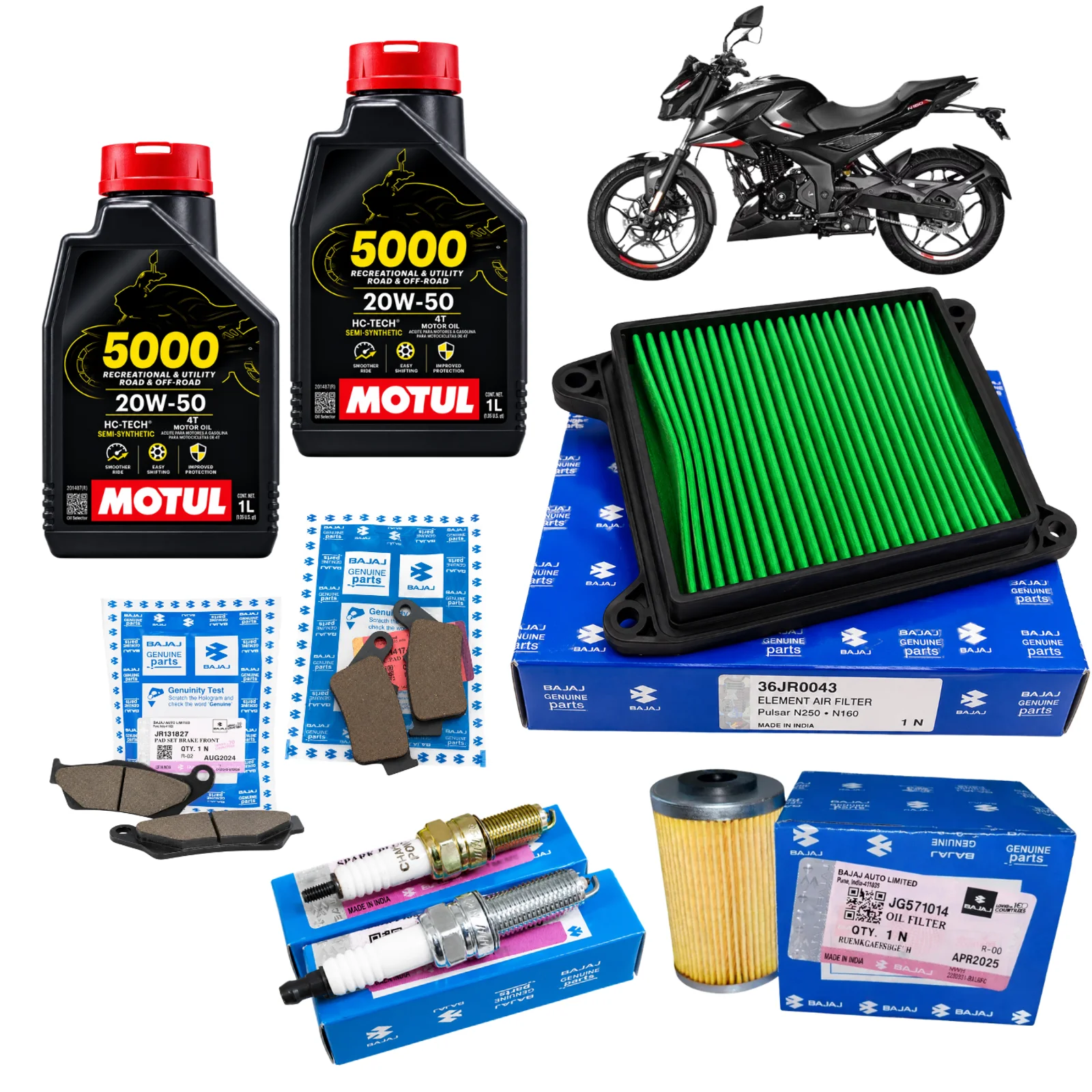 Kit de Afinación Original Bajaj Pulsar N250 | N160 Filtro de Aire, Filtro de Aceite, Balatas, Bujías y Aceite Motul 5000 20W50