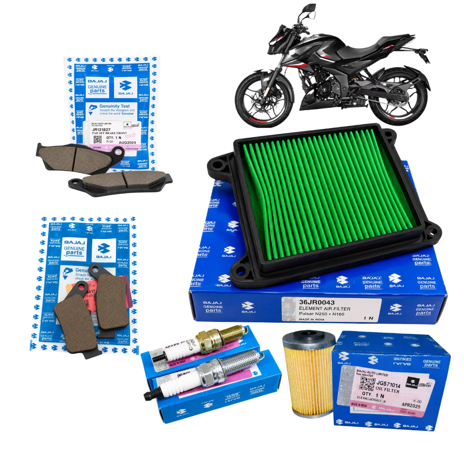 Kit de Afinación Original Bajaj Pulsar N250 | N160 Filtro de Aire, Filtro de Aceite, Balatas, Bujías
