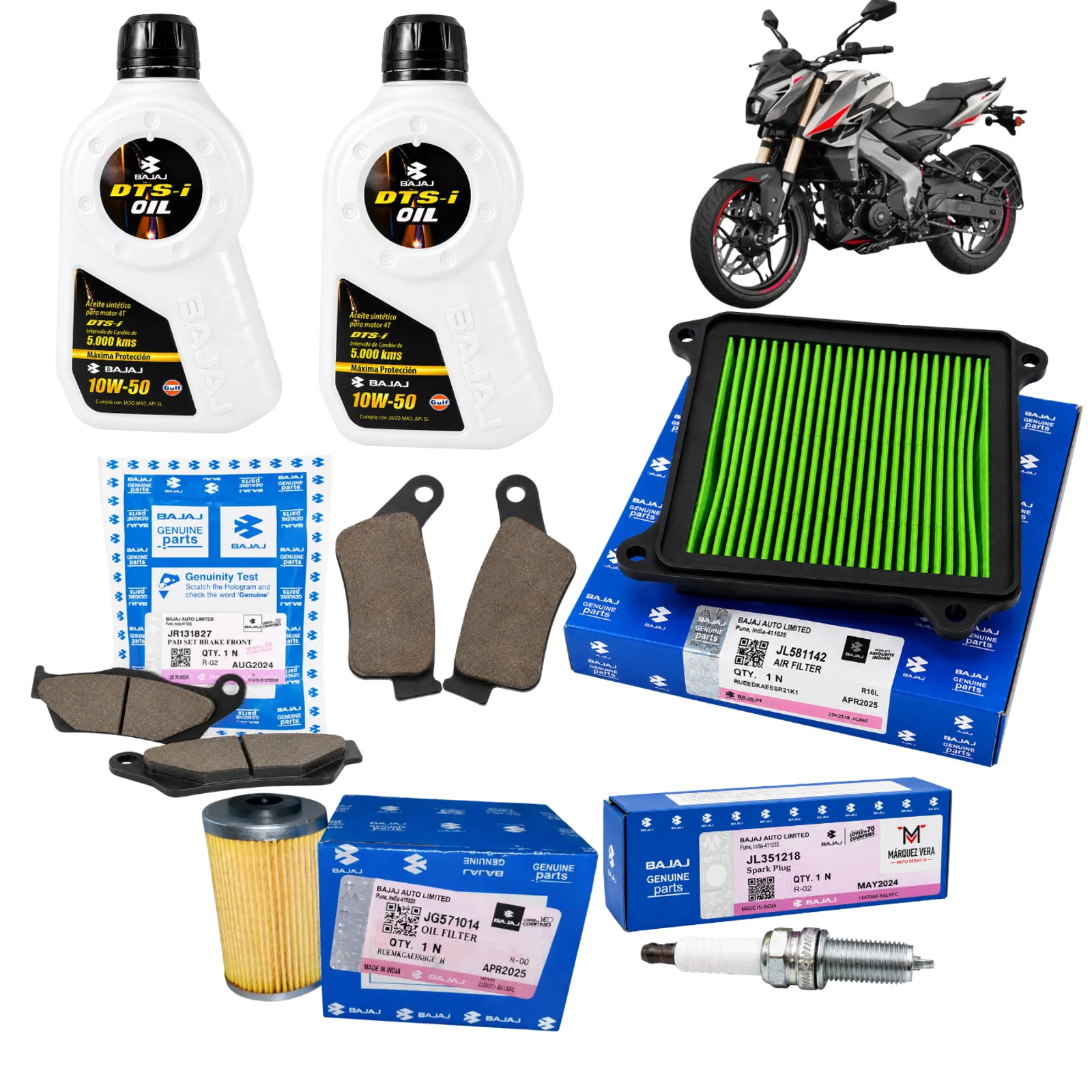 Kit de Afinación Original Bajaj Pulsar NS400Z | Filtro de Aire, Filtro de Aceite, Bujía, Balatas y Aceite Bajaj Sintético 10W50