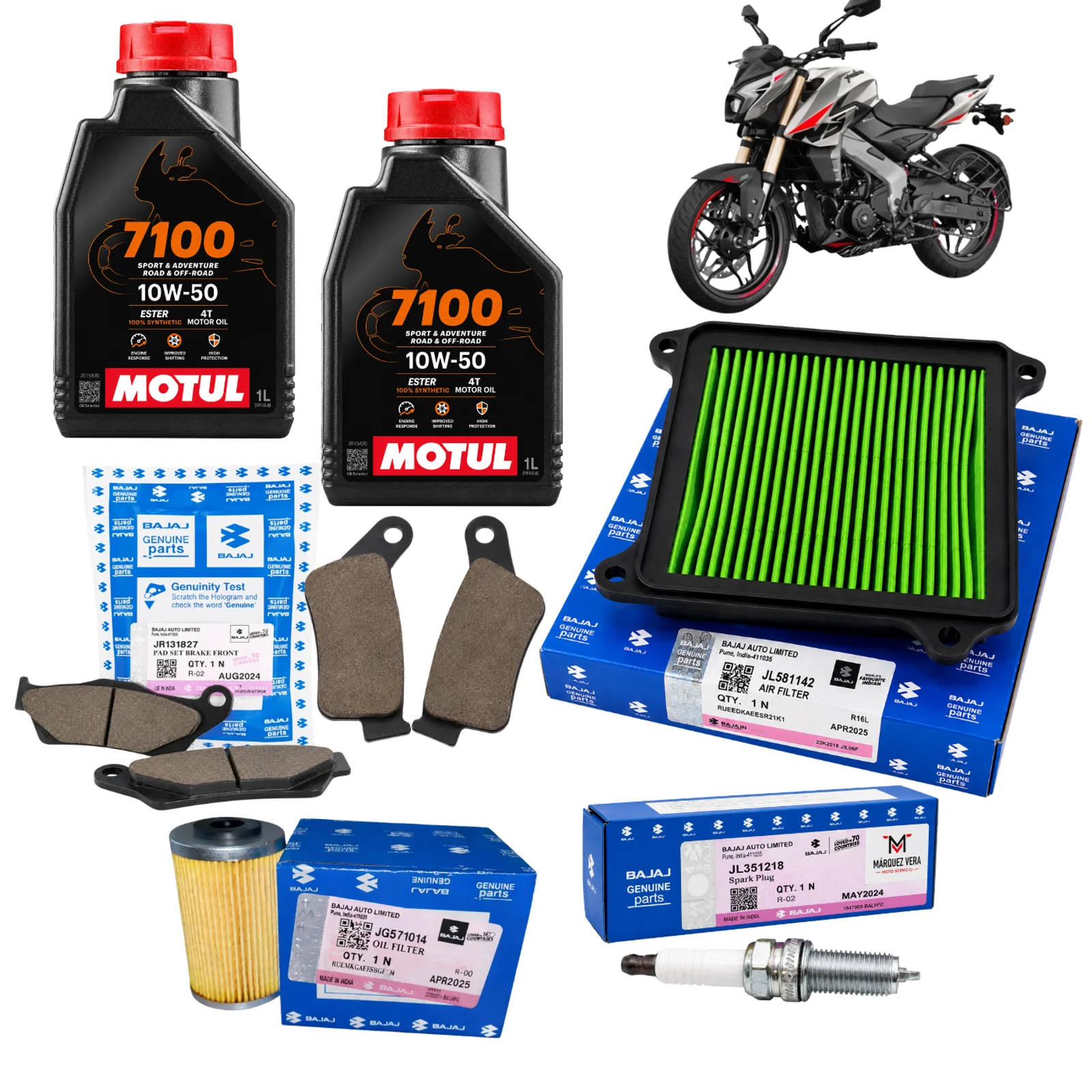 Kit de Afinación Original Bajaj Pulsar NS400Z | Filtro de Aire, Filtro de Aceite, Bujía, Balatas y Aceite Motul 7100 Sintético 10W50