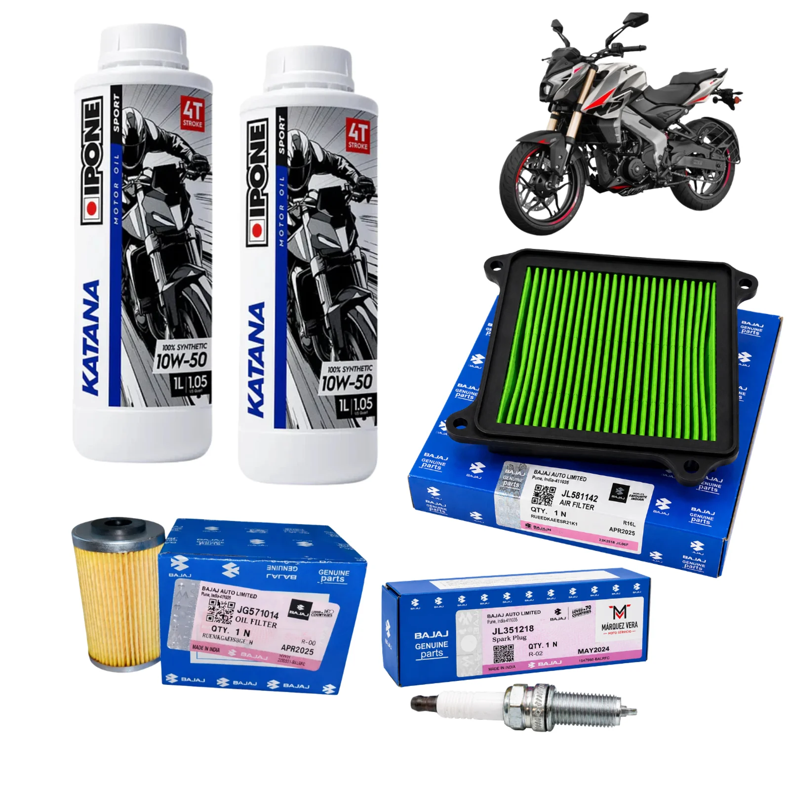 Kit de Afinación Original Bajaj Pulsar NS400Z | Filtro de Aire, Filtro de Aceite, Bujía y Aceite Ipone Katana 7100 Sintético 10W50
