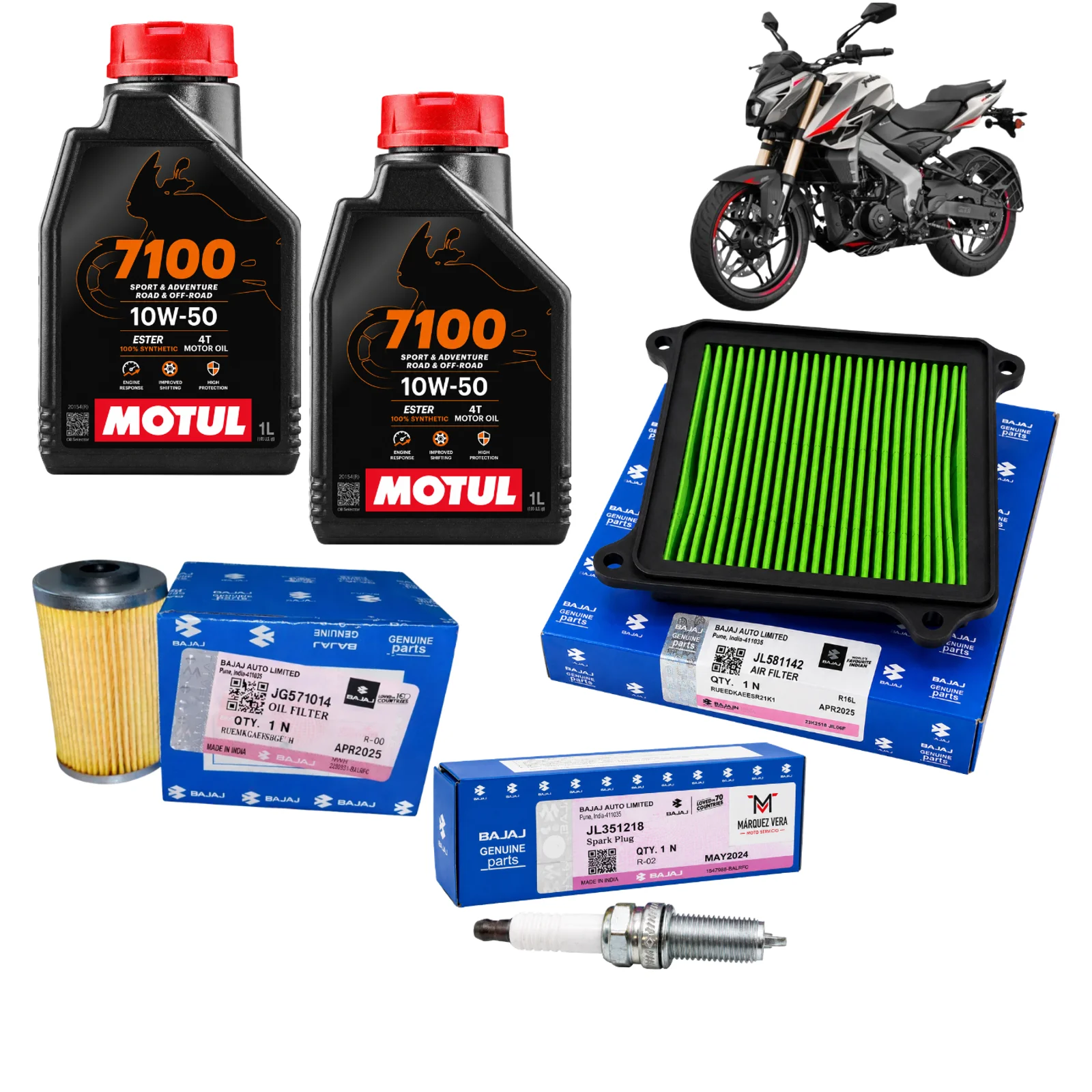 Kit de Afinación Original Bajaj Pulsar NS400Z | Filtro de Aire, Filtro de Aceite, Bujía y Aceite Motul 7100 Sintético 10W50