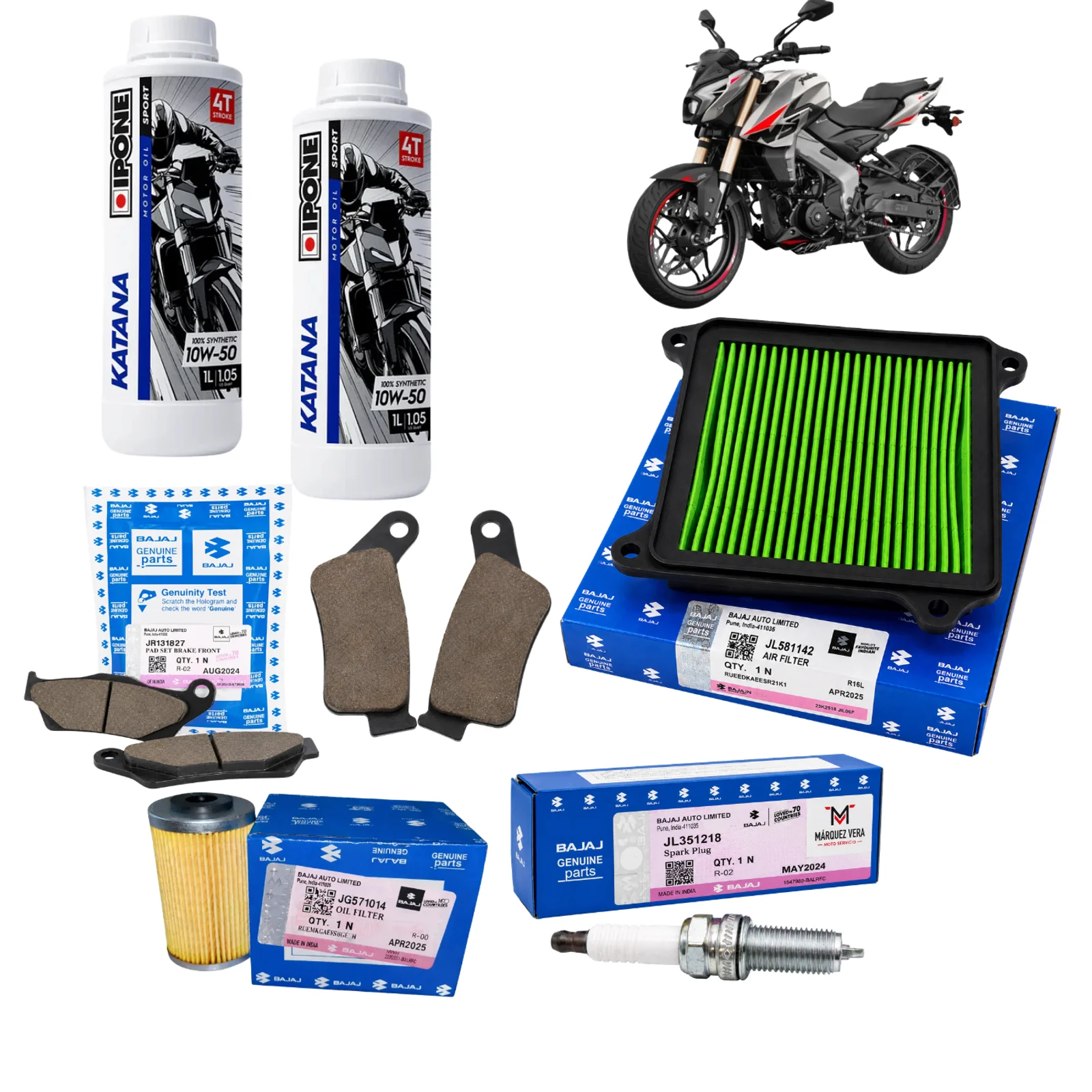 Kit de Afinación Original Bajaj Pulsar NS400Z | Filtro de Aire, Filtro de Aceite, Bujía, Balatas y Aceite Ipone Katana Sintético 10W50