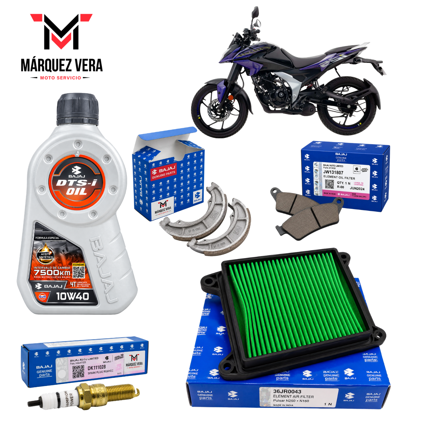 Kit de afinación Bajaj Pulsar N125 FI con Filtro de aire, Bujía, Balatas y Aceite Bajaj 10W40.