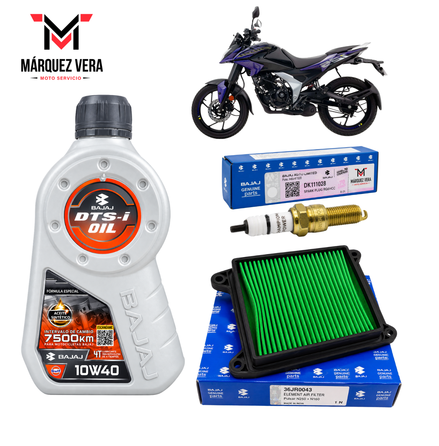 Kit de Afinación Original Bajaj Pulsar N125 FI Filtro de Aire, Bujía y Aceite 10W40